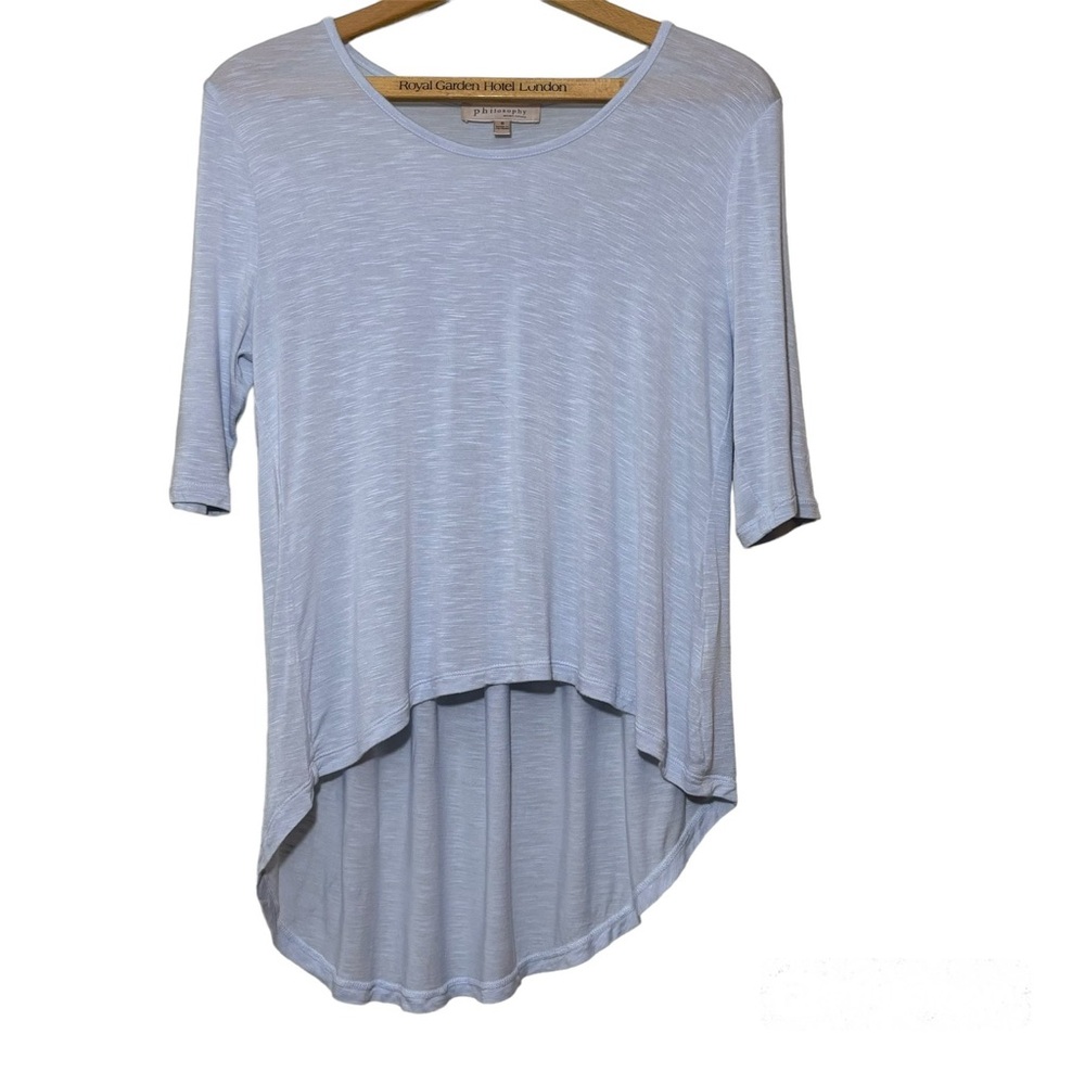 Philosophy powder blue, hi-lo 3/4 sleeve tunic style top, fold detail. Women’s S